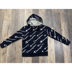 Champion Kids Navy Blue All Over Script Logo Hoodie Sweatshirt‎ Size S Small